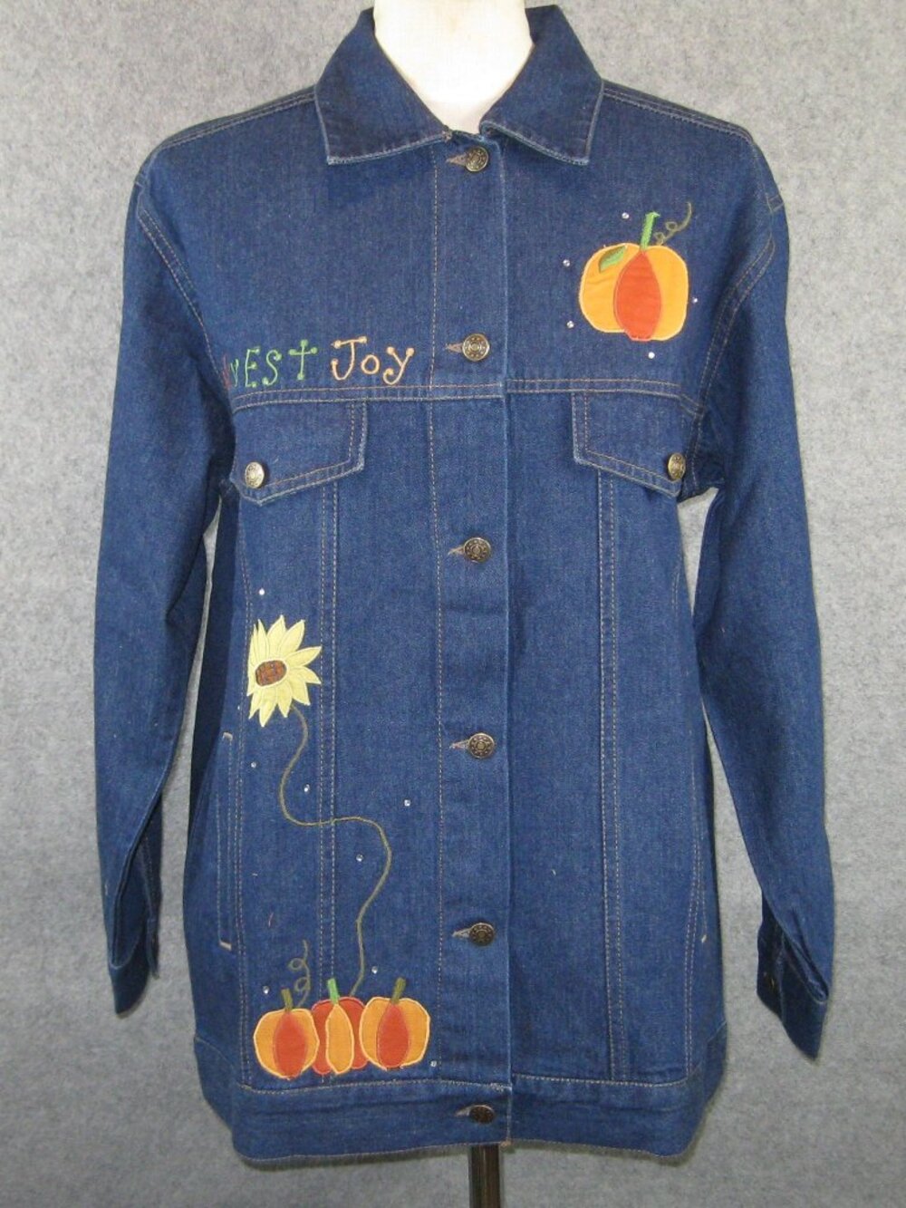 Quacker Factory Fall Harvest Denim Jacket M Pumpkis Scarecrow